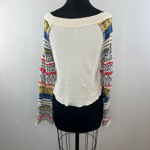 FREE PEOPLE Fairground Patterned Wide Neck Thermal Top Ivory Art Sleeves Boho S - Picture 7 of 10